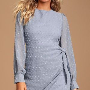 Much Love Light Blue Swiss Dot Long Sleeve Tie-Front Mini Dress